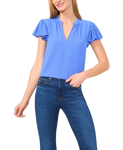 CeCe Women's Short Ruffled Sleeve Solid V-Neck Blouse