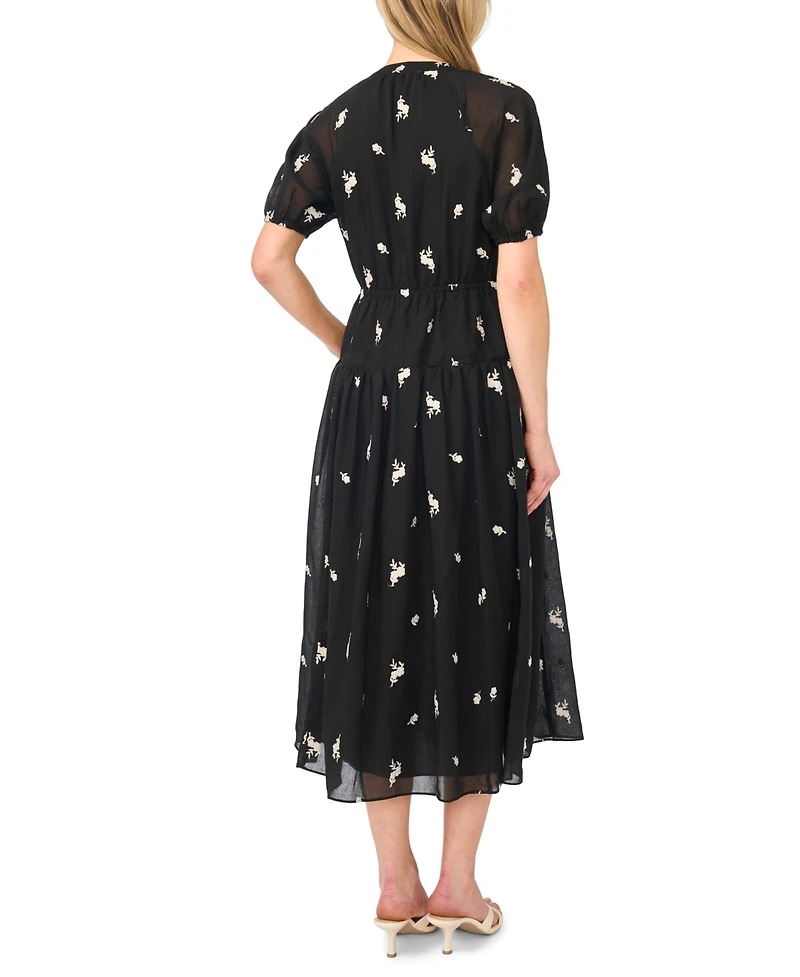 CeCe Women's Printed V-Neck Tie-Waist Midi Dress