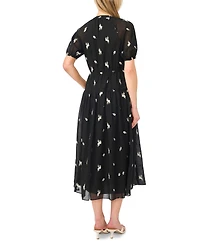 CeCe Women's Printed V-Neck Tie-Waist Midi Dress