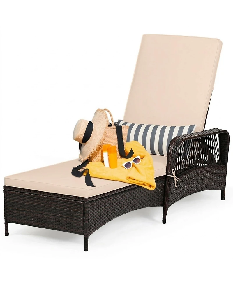 Sugift Pe Wicker Chaise Lounge with 6-Gear Adjustable Backrest and Lumbar Pillow