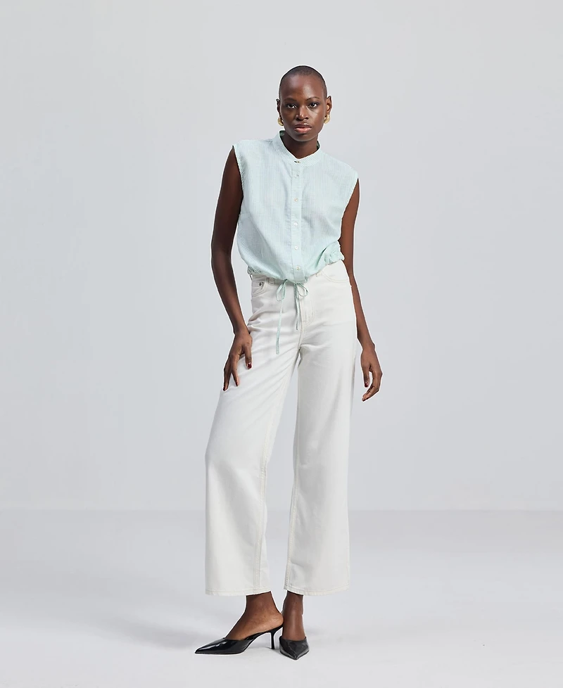 Reistor Women's Button-down Shirt with Waist Drawstring in Stripes