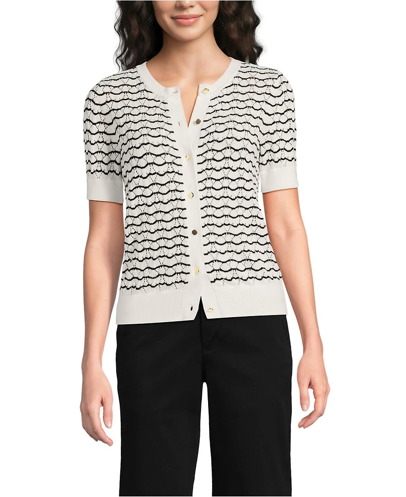 Lands' End Women's Cotton Viscose Short Sleeve Cardigan Sweater