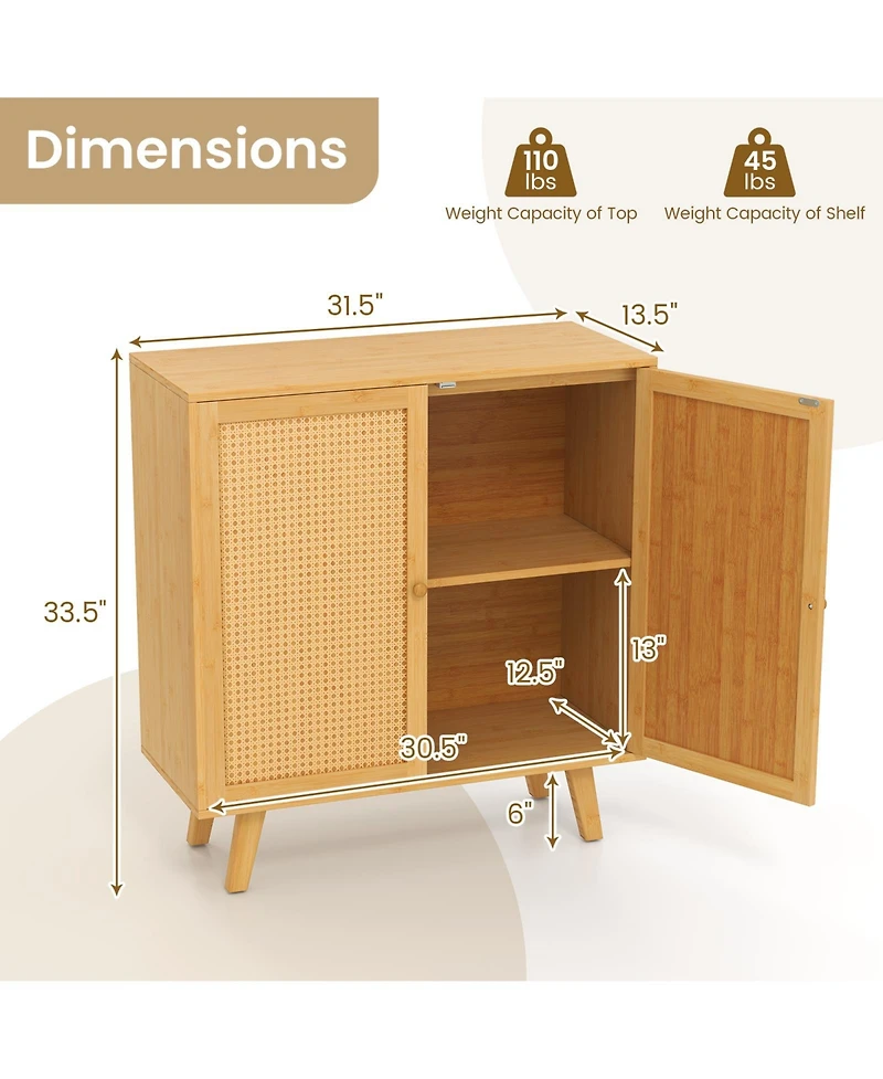 Gouun Bamboo Buffet Storage Cabinet with Pe Rattan Doors, 31.5 x 13.5 x 33.5