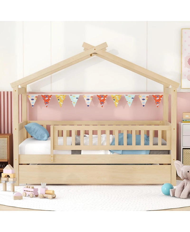 Streamdale Furniture Twin Size Wooden House Bed with Twin Size Trundle
