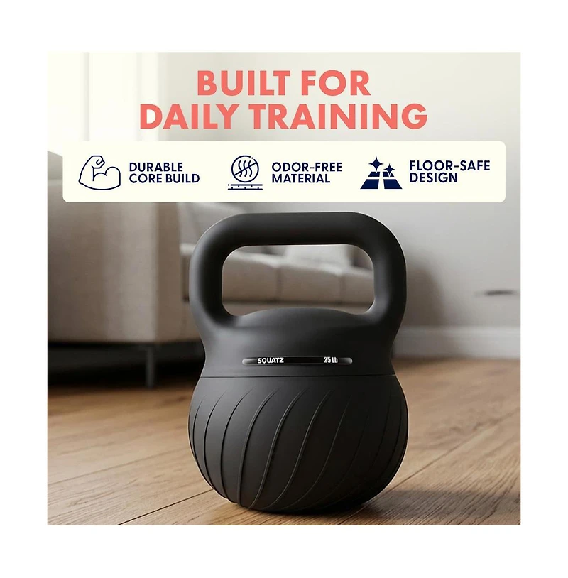 Squatz 25 lb Soft Kettlebell for Home Gym, Shock-Absorbing Floor-Safe Weight with Wide Non-Slip Handle