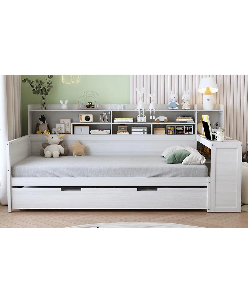 Streamdale Furniture Wooden Twin Daybed with Trundle, Storage Shelves, and Study Desk