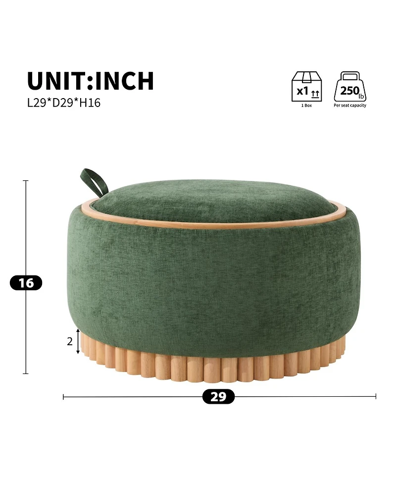 Streamdale Furniture 29" Round Chenille Storage Ottoman with Reversible Lid and Wood Legs