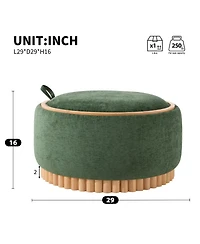 Streamdale Furniture 29" Round Chenille Storage Ottoman with Reversible Lid and Wood Legs
