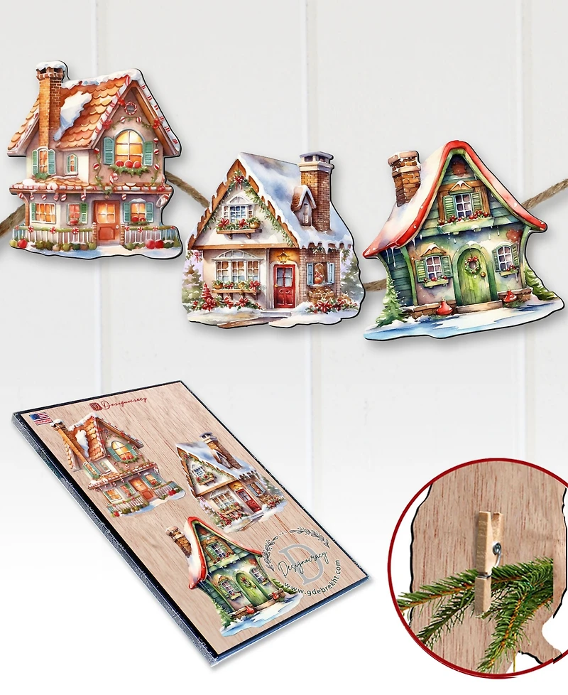 Designocracy Dream Houses Wood Clip Ornaments, Set of 3