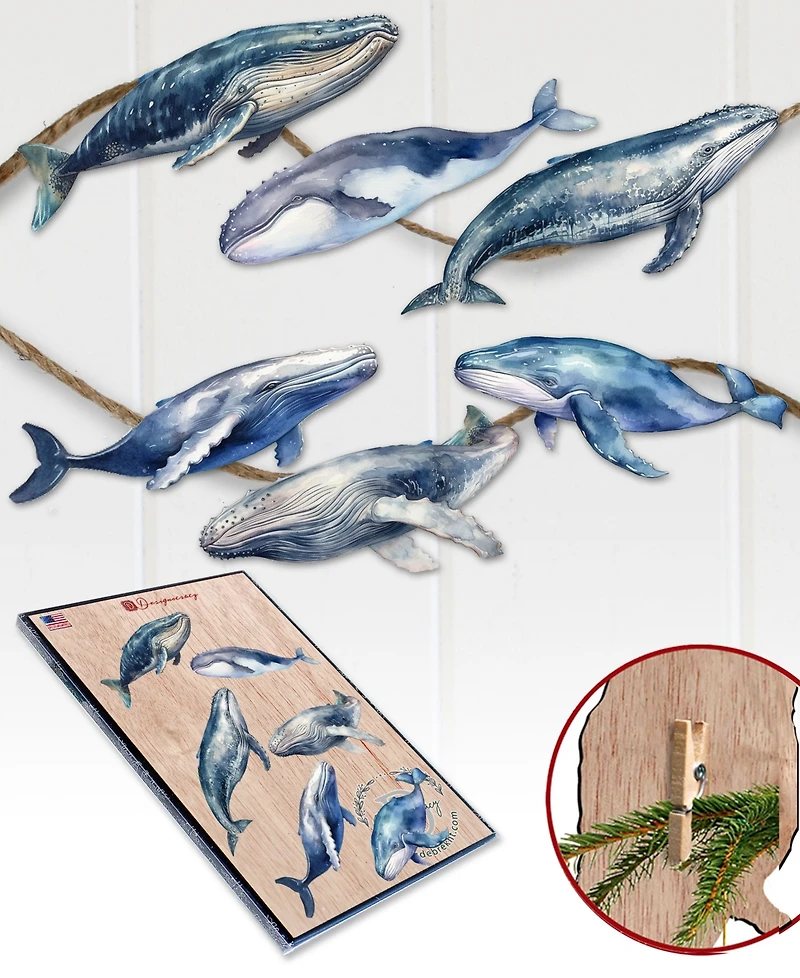 Designocracy Holiday Wooden Clip-On Ornaments Humpback Whales Set of 6 G. DeBrekht