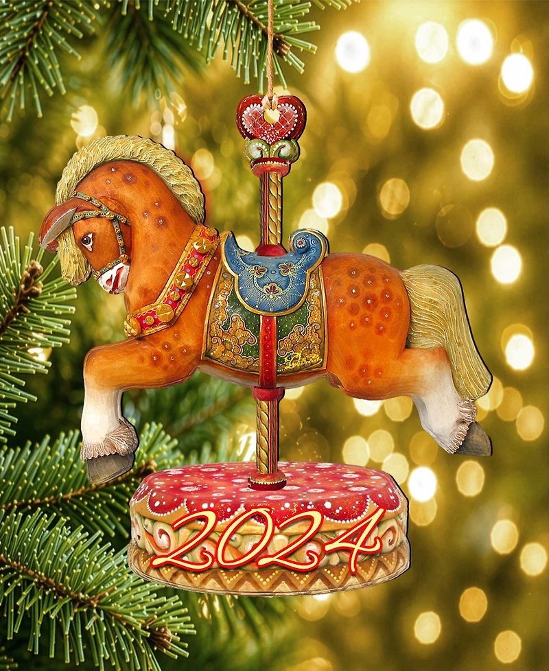 Designocracy Dated Carousel Horse Christmas Wooden Ornaments Holiday Decor Set of 2 G. DeBrekht