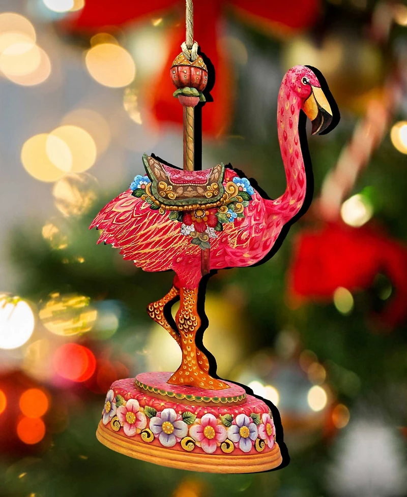 Designocracy Carousel Flamingo Holiday Wood Ornament