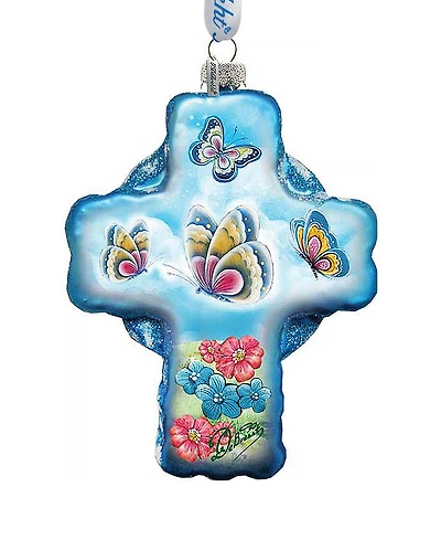 G.DeBrekht Blue Butterflies Cross Glass Ornament