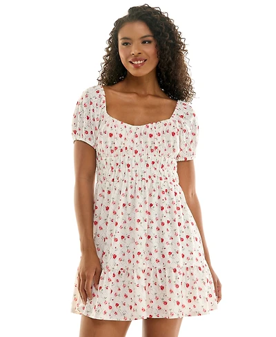 Kingston Grey Juniors' Floral Print Eyelet Puff-Sleeve Mini Dress