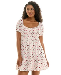 Kingston Grey Juniors' Floral Print Eyelet Puff-Sleeve Mini Dress