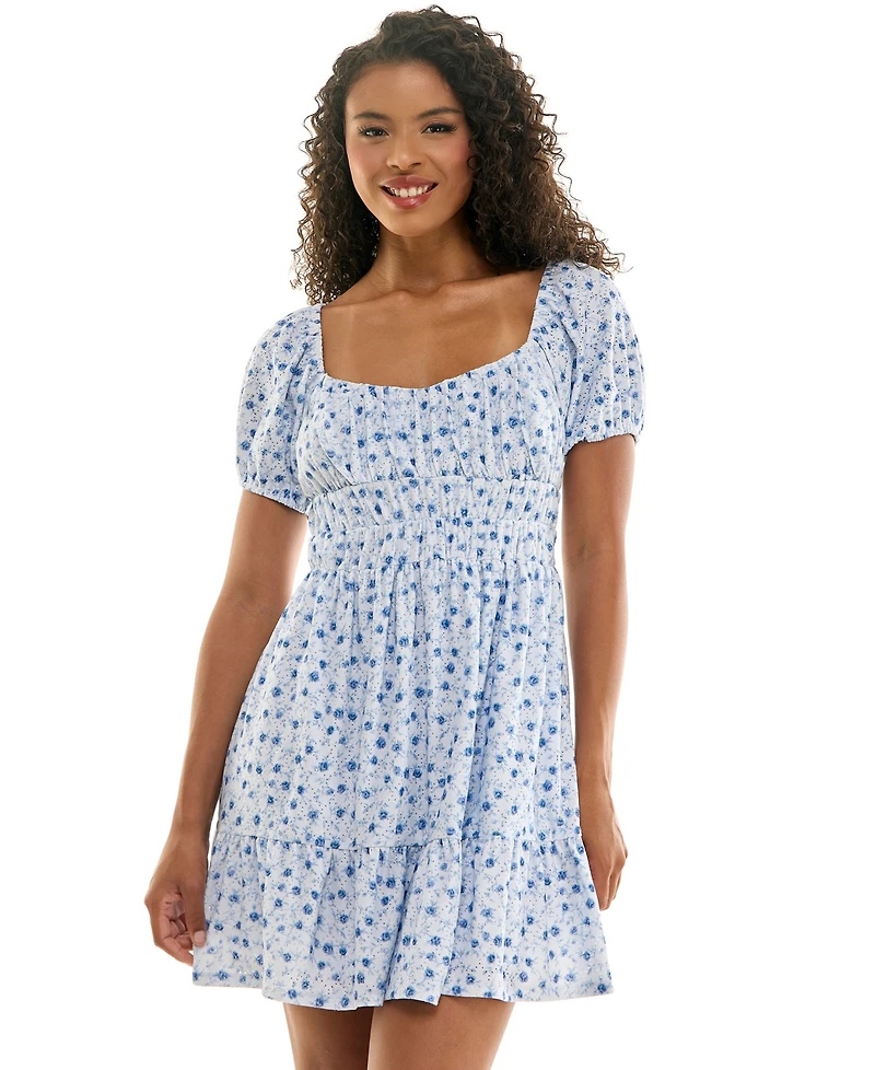 Kingston Grey Juniors' Floral Print Eyelet Puff-Sleeve Mini Dress