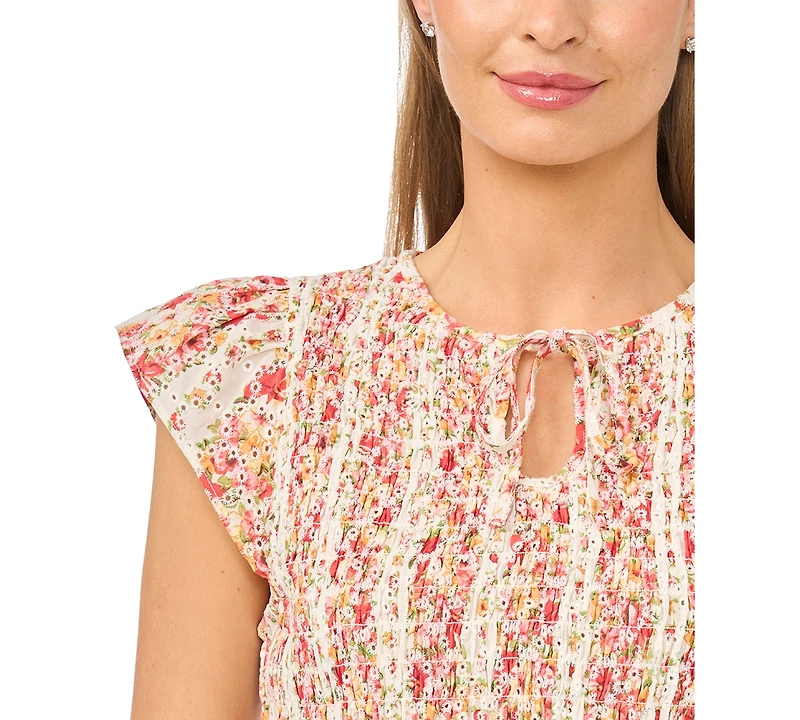 CeCe Women's Printed Tie-Neck Smocked Top