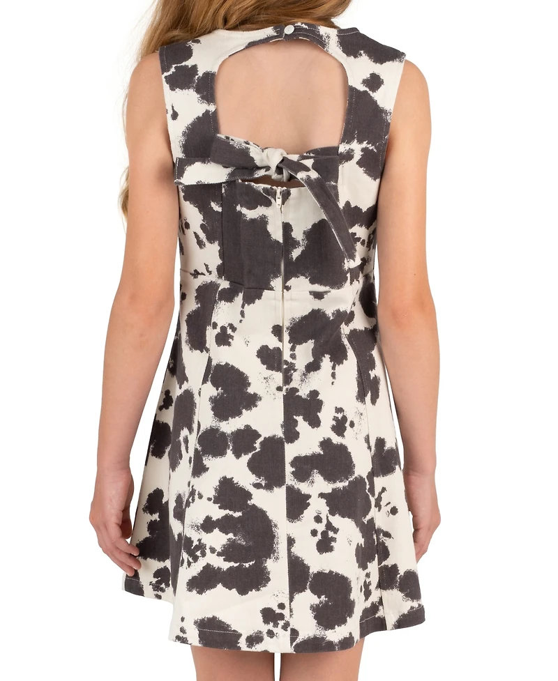 Rare Editions Girls' 7-16 Cow Print Twill Paneled A-Line Dress with Necklace