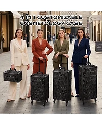Byootique 4in1 Rolling Makeup Case with 2 Makeup Brush Bag, Cosmetic Train Case on Wheels for Makeup Artist Travel Hairstylist
