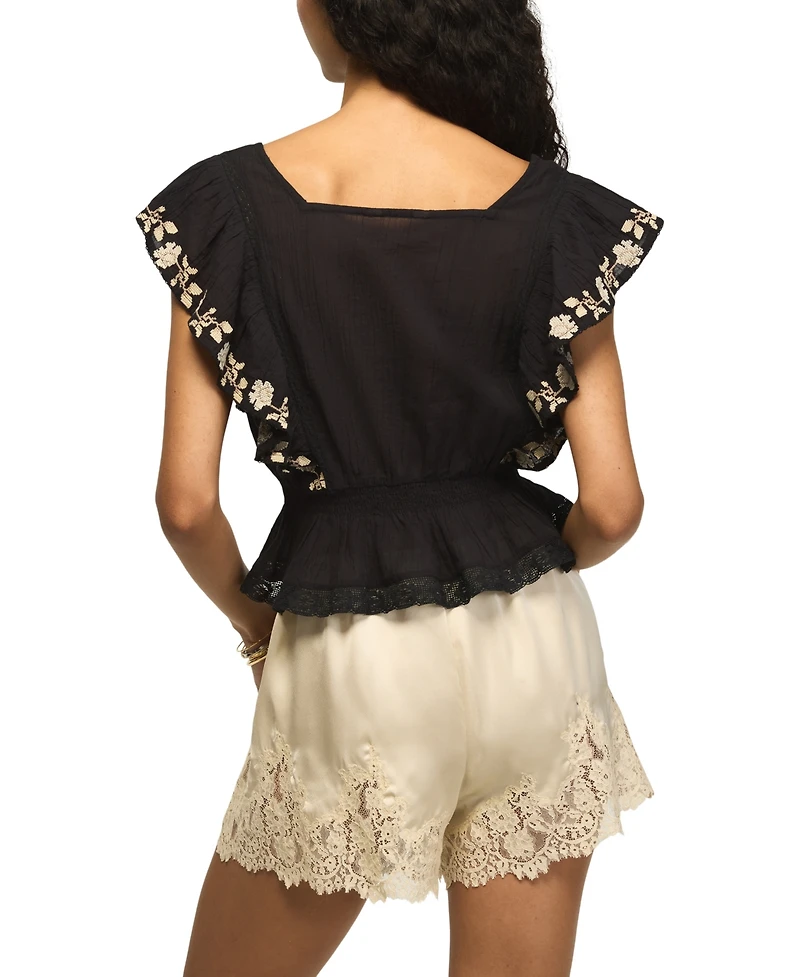 Lucky Brand Women's Contrast Embroidered Square Neck Ruffle Top