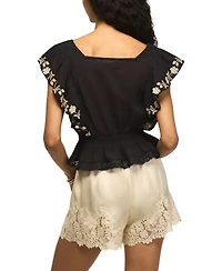 Lucky Brand Women's Contrast Embroidered Square Neck Ruffle Top