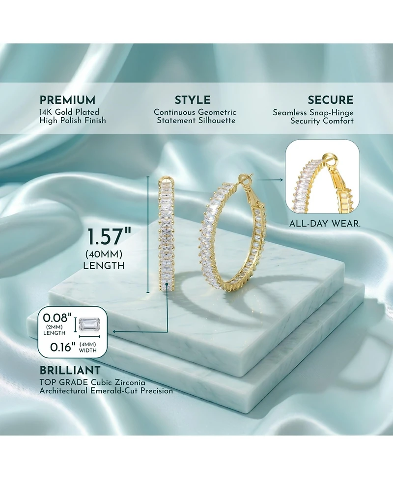 Rachel Glauber Elegant Emerald-Cut Cz Snap Hinge Hoop Statement Earrings