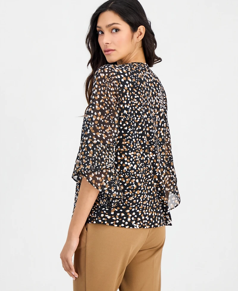 Anne Klein Essentials Petite Printed 3/4-Bell-Sleeve Split-Neck Top