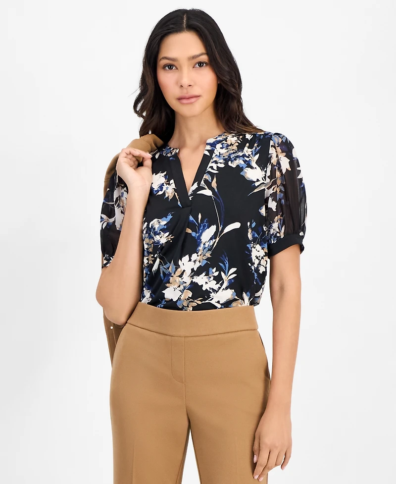 Anne Klein Essentials Petite Floral Split-Neck 3/4-Sleeve Blouse