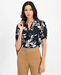 Anne Klein Essentials Petite Floral Split-Neck 3/4-Sleeve Blouse