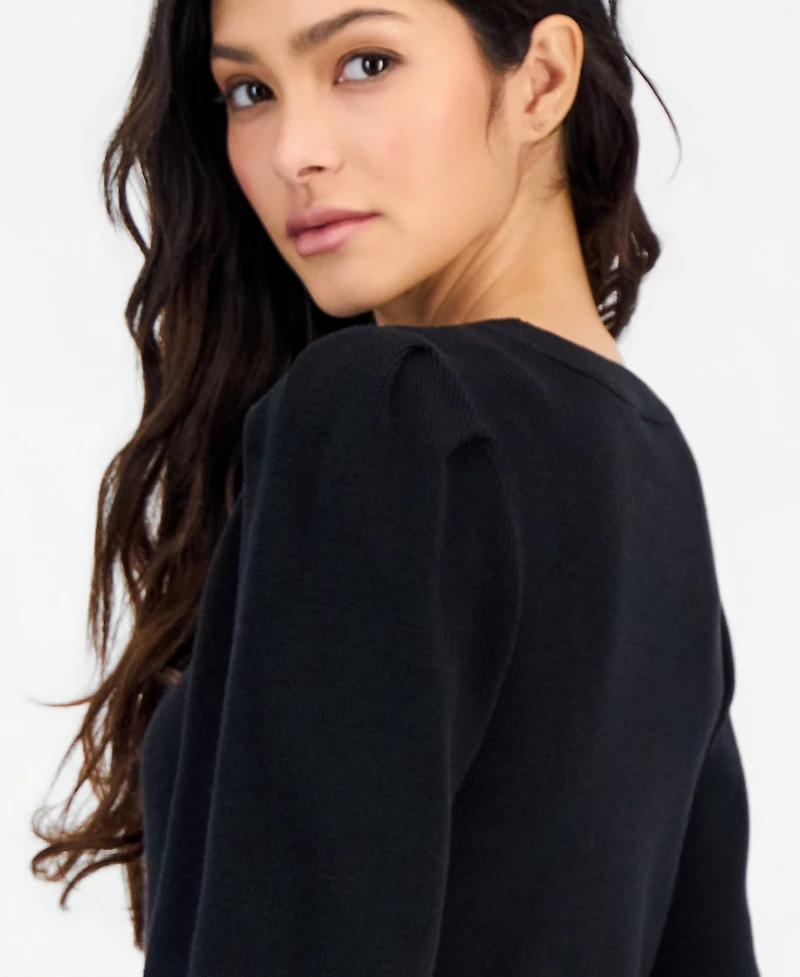 Anne Klein Essentials Petite Long-Puff-Sleeve Crewneck Sweater