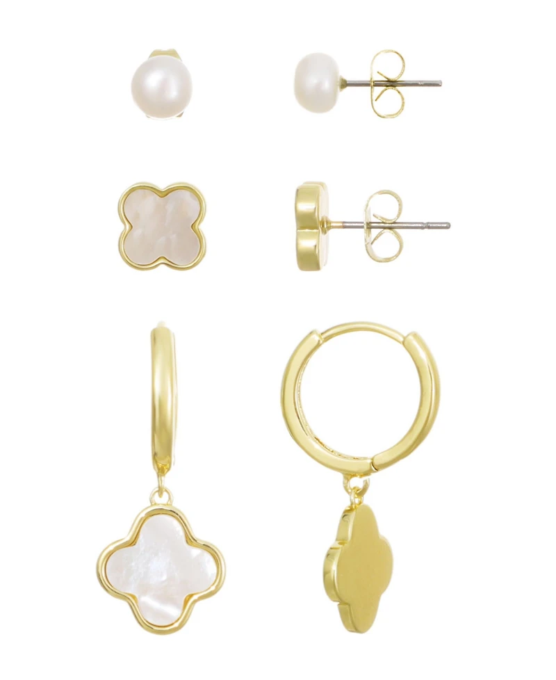 Adornia Gold Natural Freshwater Imitation Pearl and Clover 3-Piece Earring Set