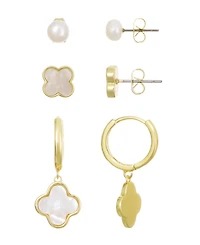 Adornia Gold Natural Freshwater Imitation Pearl and Clover 3-Piece Earring Set