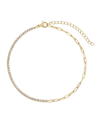 Adornia Tarnish Resistant Gold Half Tennis and Paperclip Chain Anklet