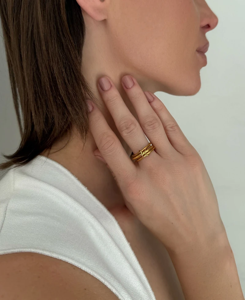 Adornia Tarnish Resistant Gold Three Band Connected Ring Set