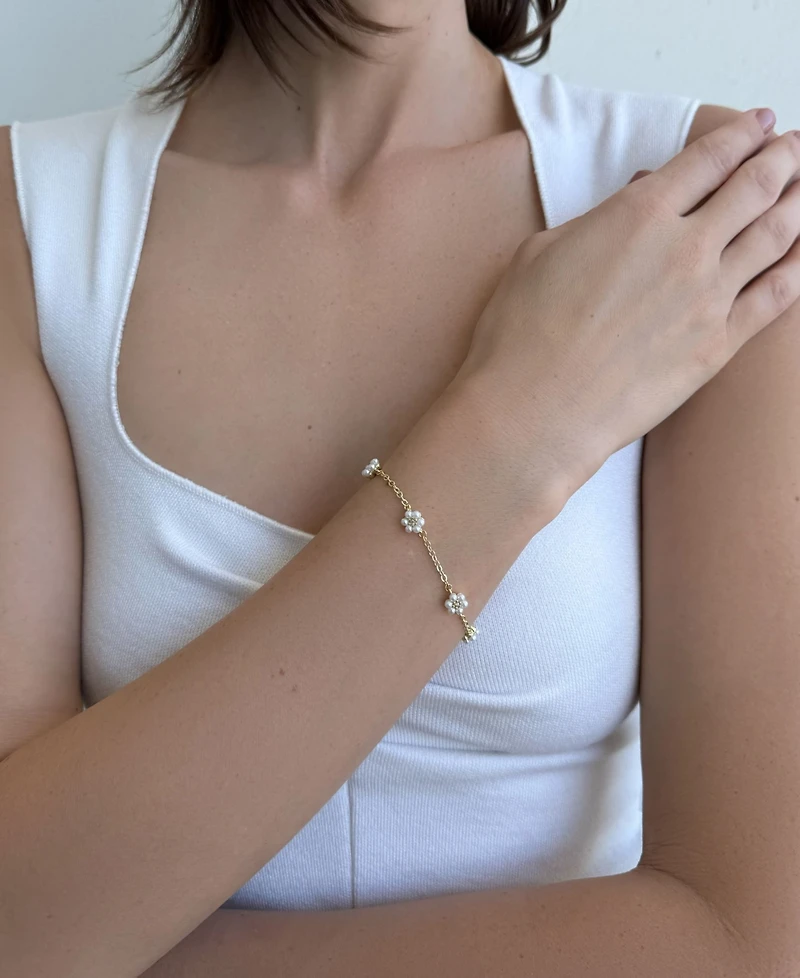 Adornia Gold Imitation Pearl Flower Station Bracelet
