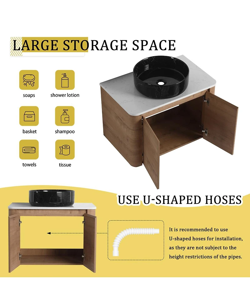 Sillysis Wall Mounted Modern Bathroom Vanity with Plywood Cabinet, Stone Countertop