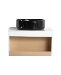 Sillysis Wall Mounted Bathroom Vanity with Marble Vessel Sink, Floating Plywood Cabinet, Open Storage for Small Spaces