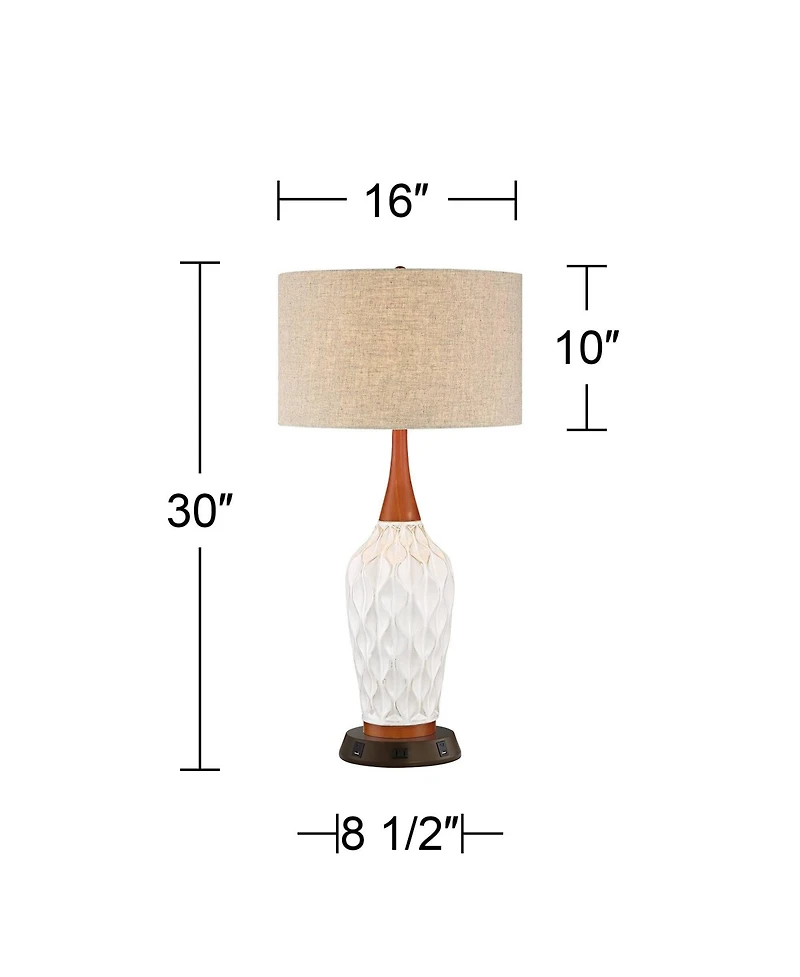 360 Lighting Mid Century Modern Table Lamp with Usb and Ac Power Outlet Workstation Charging Base 30" Tall Ceramic Drum Shade Bedroom