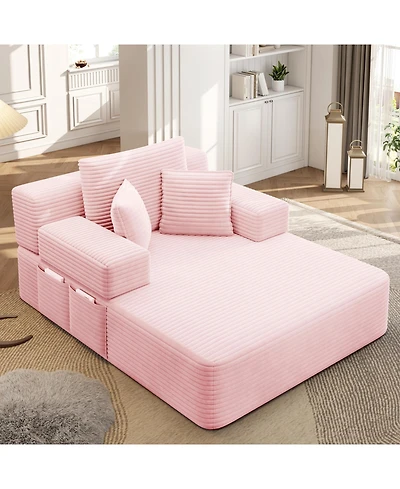 Clihome Luxurious Plush Corduroy Chaise Lounge with 3 Pillows, Convertible Sofa Bed Storage Pocket for Small Spaces, Living Room