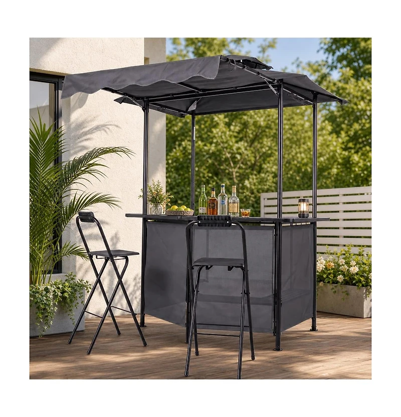 Gouun 3-Piece Patio Bar Set with Grill Gazebo and 2 Folding Bar Stools 6 ft Vented Roof