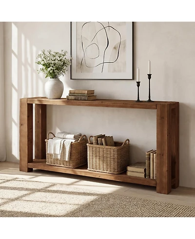 Tribesigns 2-Tier Solid Wood Console Table, 63-Inch Narrow Long Wooden Entryway Table with Open Storage Shelf