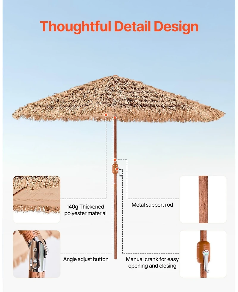 Gouun 9 feet Thatched Patio Umbrella with Tilt Hawaiian Style Outdoor Beach Parasol