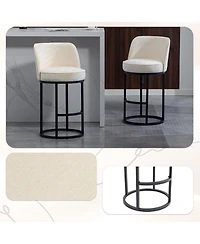 Rainsken Modern Barrel Bar Stools Set of 2 Linen Fabric Upholstered Counter Height Chairs with Back and Footrest for Kitchen Island