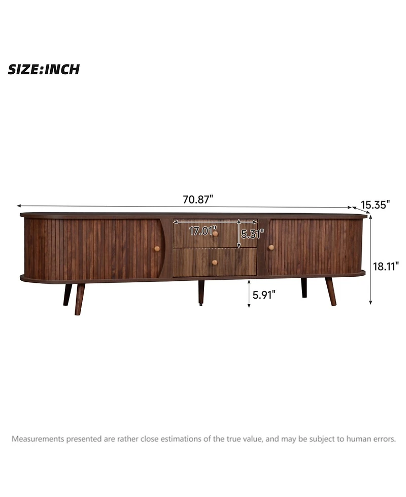 Rainsken 70inch Fluted Tv Stand for TVs Up to 80inch, with Tambour Doors, Fluted Drawers, Modern Curved Media Console, for Living Room, Bedroom