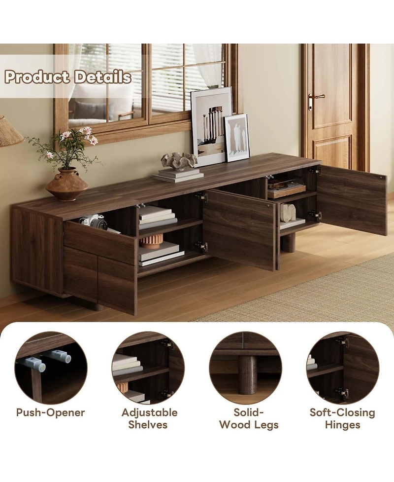 Rainsken 70 inch Modern Tv Stand, for TVs up to 85 inch, Push Open Doors Soft Close Hinges Cable Management 4 Doors Storage, for Living Room