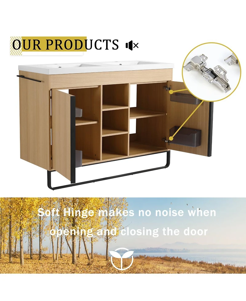 Sillysis 47.6 Inch Freestanding Double Sink Bathroom Vanity with Soft Close Doors, Open Shelves and Storage Boxes, Modern Plywood Cabinet