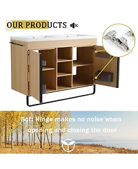 Sillysis 47.6 Inch Freestanding Double Sink Bathroom Vanity with Soft Close Doors, Open Shelves and Storage Boxes, Modern Plywood Cabinet