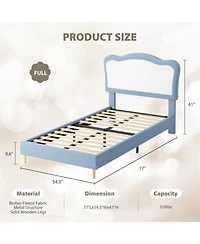 homfan Scalloped Headboard Design Kids Bed Frame, Upholstered Platform, Soft Fabric, Wooden Slats, Sturdy, No Box Seasonal Needed, Low to Ground