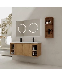 Sillysis 47.6 Inch Wall Mounted Double Sink Bathroom Vanity with Storage Rack, Open Shelves and Soft Close Doors, Modern Plywood Cabinet