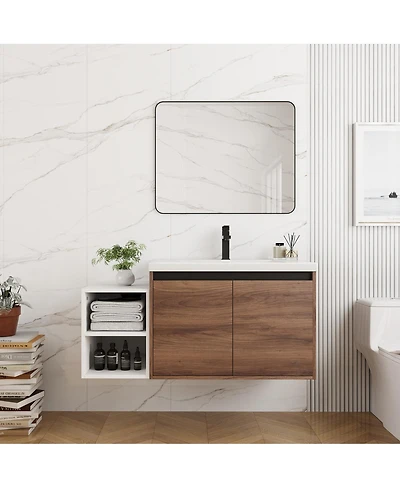 Sillysis Wall Mounted Bathroom Vanity with Resin Sink and Open Storage Shelves for Modern Small Bathrooms